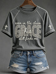 Women's His Grace Still Finds Me Christian Faith Floral Print Round Neck Short Sleeve T-shirt