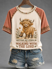 Women's Getting My Steps In Walking With The Lord Highland Cow Short Sleeve T-shirt