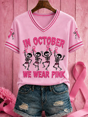 Women's Halloween Breast Cancer Pink Flowers Printed V-neck T-shirt