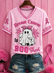 Women's Halloween Breast Cancer Pink Flowers Printed V-neck T-shirt