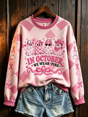Women's Breast Cancer Theme Halloween Elements Pattern Printed Casual Sweatshirt