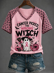 Women's Breast Cancer "CANCER PICKED THE WRONG WITCH" Printed V-neck T-shirt