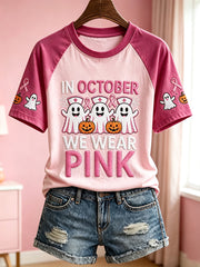 Women's Breast Cancer Theme Halloween Elements Pattern Printed Casual Short Sleeve T-Shirt