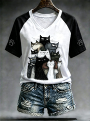 Women's Cute cat print V-neck off-shoulder short-sleeved T-shirt