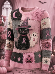 Women's Halloween Pink Ghost And Cat Pink Ribbon Print Breast Cancer Awareness Support Sweater