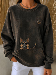 Women's Cute Peeking German Shepherd & Paw Print Round-Neck Sweatshirt