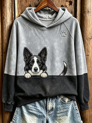 Women's Peeking Border Collie & Paw Print Contrast Color Cozy Sweatshirt