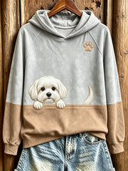 Women's Peeking Maltese Dog & Paw Print Contrast Color Cozy Sweatshirt