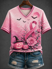 Women's Halloween Breast Cancer Printed V-neck T-shirt