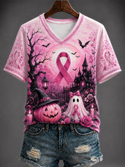 Women's Halloween Breast Cancer Printed V-neck T-shirt