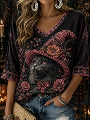 Women's Halloween Witch Cat Pattern Printed Casual Mid-length Sleeves V-Neck T-Shirt