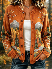 Women's Vintage Fall Landscape Pattern Print Cozy Cardigan