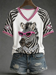 Women's Fun Zebra Print V-Neck T-Shirts