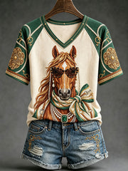 Women's Fun Horse Print V-Neck T-Shirts