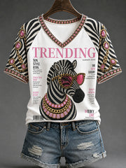 Women's Fashion Magazine Zebra Print V-Neck T-Shirts