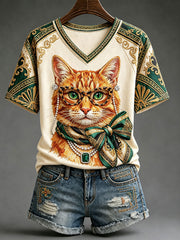 Women's Fun Cat Print V-Neck T-Shirts