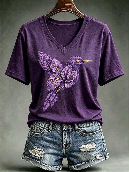 Women's Alzheimer's Awareness Floral Hummingbird Print Short-sleeved T-shirt