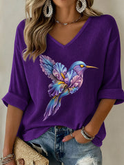 Women's Alzheimer's Awareness Floral Hummingbird Print Waffle T-shirt