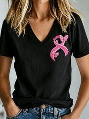 Women's Breast Cancer Awareness Print V-neck T-shirt