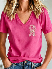 Women's Breast Cancer Awareness Print V-neck T-shirt