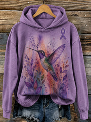 Women's Purple Ribbon Hummingbird Floral Print Comfy Hoodie