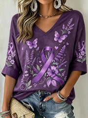 Women's purple floral and purple charity ribbon pattern design casual mid-length sleeves V-neck T-shirt