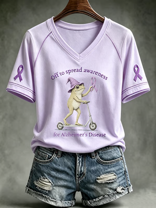 Women's Alzheimer's Awareness Purple Art Print V-neck off-shoulder short-sleeved T-shirt