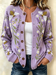 Women's Purple Flowers Pattern Printed Causal Cardigan-Style Knit Jacket