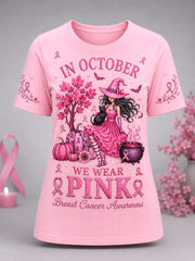 Women's In October We Wear Pink Halloween Pink Witch Print Breast Cancer Awareness Support Tee