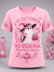 Women's In October We Wear Pink Halloween Pink Ghost Print Breast Cancer Awareness Support Tee