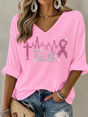 Women's Breast Cancer Mid-length Sleeves V-Neck T-Shirt