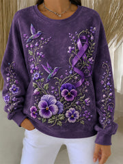 Women's Humming Birds & Pansy Floral Print Alzheimer's Awareness Sweatshirt