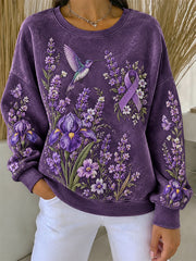 Women's Humming Bird & Irises Lavender Floral Print Alzheimer's Awareness Sweatshirt