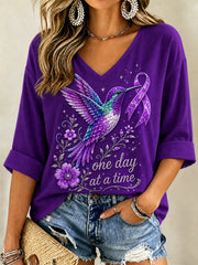 Women's Purple Floral & Hummingbird Print Alzheimer's Awareness Support V-Neck Tee
