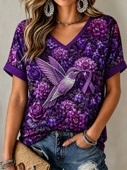 Women's Alzheimer's Awareness Purple Floral Hummingbird Print T-shirt