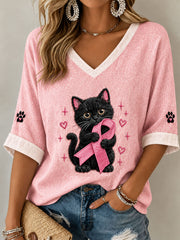 Women's Breast Cancer Black Cat Mid-length Sleeves V-Neck T-Shirt