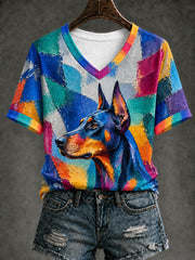 Women's Art Dog Printed V-neck T-shirt