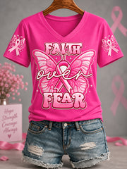 Women's Pink Ribbon Faith Over Fear Butterfly Print Breast Cancer Awareness Support V-Neck