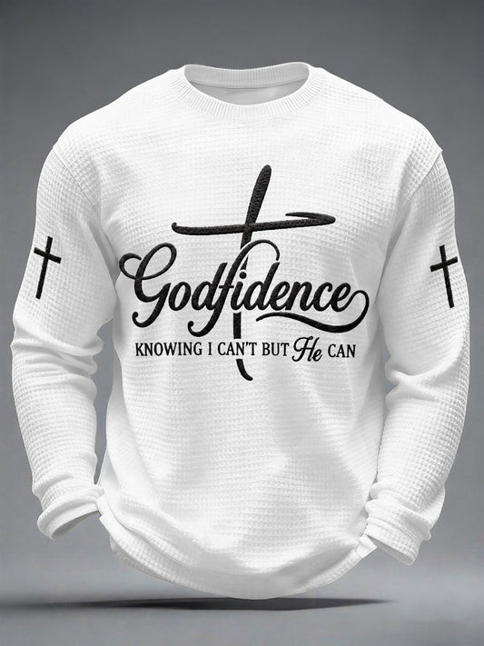 Men's Godfidence Christian Cross Faith Graphic Casual Waffle Long Sleeve T-Shirt