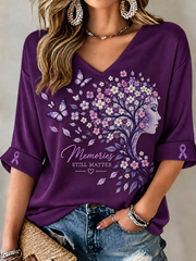 Women's Alzheimer's Awareness Purple Art Print Mid-length Sleeves V-Neck T-Shirt