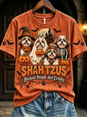 Women's Vintage Halloween Shih Tzus Because People Are Creepy Print Short-sleeved T-shirt