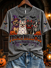 Women's Vintage Halloween French Bulldogs Because People Are Creepy Print Short-sleeved T-shirt