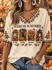 Women's Autumn Element Pattern Design Casual Mid-length Sleeves V-Neck T-Shirt