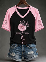 Women's Pink Rhinestone Floral Breast Cancer Awareness Short-Sleeved T-Shirt