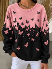Women's Breast Cancer Awareness Butterfly Print Ribbed Round-Neck Sweatshirt