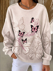 Women's Breast Cancer Awareness Butterfly Print Ribbed Round-Neck Sweatshirt