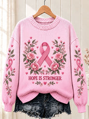 Women's Breast Cancer Pink Ribbon Flower Crew Neck Sweater