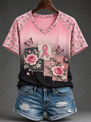 Women's Breast Cancer Awareness Print V-neck T-shirt