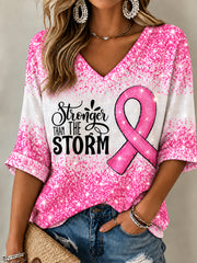 Women's Breast Cancer Awareness Pink Ribbon Support Mid-length Sleeves V-Neck T-Shirt