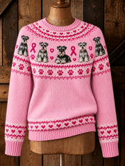 Women's Vintage Pink Ribbon Schnauzer Yoke Isle Print Long-sleeved Sweater